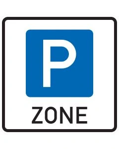 Verkehrszeichen 314.1 Beginn einer Parkraumbewirtschaftungszone mit blauem P und schwarzer Aufschrift Zone