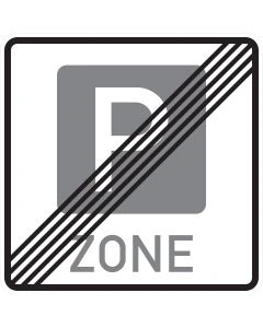 Verkehrszeichen 314.2 Ende einer Parkraumbewirtschaftungszone mit grauem Parksymbol und schwarzen Diagonalstreifen