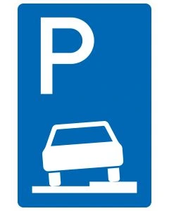 Blaues Verkehrszeichen 315-55 mit weißem P und einem halb auf dem rechten Gehweg parkenden Fahrzeug ohne Richtungspfeil