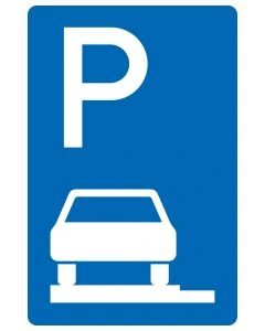 Blaues Verkehrszeichen 315-60 mit weißem P und vollständig auf dem Gehweg dargestelltem Fahrzeug in Fahrtrichtung links