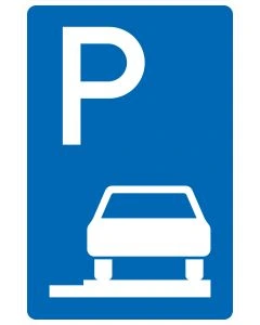 Blaues Verkehrszeichen 315-75 mit weißem P und halb quer auf dem rechten Gehweg dargestelltem Fahrzeug ohne Richtungspfeil