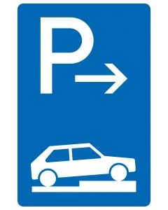 Verkehrszeichen 315-77 mit Pkw halb auf dem rechten Gehweg und Endpfeil nach rechts