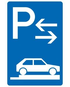 Blaues Verkehrszeichen 315-88 mit weißem P, zwei gegenläufigen Pfeilen und vollständig quer auf dem rechten Gehweg dargestelltem Pkw