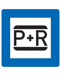 Blaues Verkehrszeichen 316 Parken und Reisen mit schwarzem P+R-Symbol auf weißer quadratischer Fläche