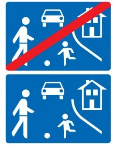 Vorder- und Rückseite des doppelseitigen Verkehrszeichens 325.1-40 für Beginn und Ende eines verkehrsberuhigten Bereichs