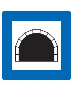 Blaues Verkehrszeichen 327 Tunnel mit schwarzem Tunnelportal auf weißem Feld