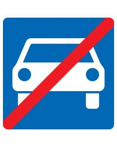 Blaues Verkehrszeichen 331.2 Ende der Kraftfahrstraße mit weißem Pkw und rotem Diagonalbalken