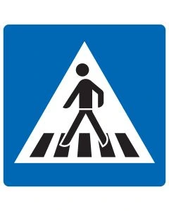 Selbstklebender VZ-350-10-Aufkleber Fußgängerüberweg mit schwarzer Person auf Zebrastreifen, weißem Dreieck und blauem Hintergrund