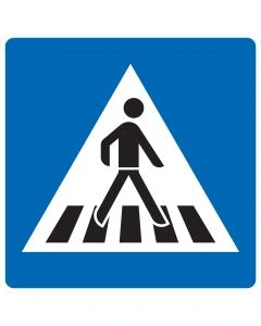 Doppelseitiges Verkehrszeichen 350-40 für einen Fußgängerüberweg mit Person auf Zebrastreifen