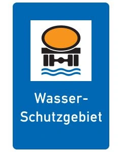 Verkehrszeichen Nr. 354 „Wasserschutzgebiet“ mit Gefahrgut- und Wasserschutzsymbol sowie der Aufschrift „Wasser-Schutzgebiet“.