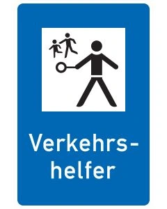 Verkehrszeichen Nr. 356 „Verkehrshelfer“ mit stilisierter Verkehrshelfer-Figur und zwei Fußgängern auf blauem Richtzeichen.