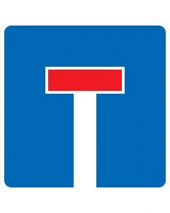 Blaues Verkehrszeichen 357 Sackgasse mit weißem Straßenverlauf und rotem Querbalken