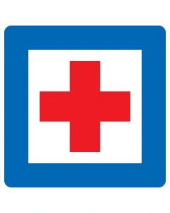 Verkehrszeichen Nr. 358 „Erste Hilfe“ mit rotem Kreuz auf weißem Symbolfeld und blauem Hintergrund.