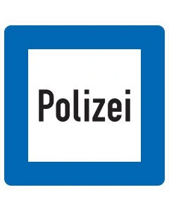 Verkehrszeichen Nr. 363 „Polizei“ mit schwarzer Schrift auf weißem Symbolfeld und blauem Richtzeichen.