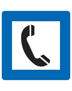 Verkehrszeichen Nr. 365-50 „Fernsprecher“ mit Telefonsymbol auf blauem Richtzeichen.