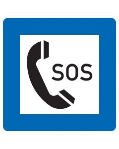 Verkehrszeichen Nr. 365-51 „Notrufsäule“ mit SOS-Telefonsymbol als blaues Richtzeichen.