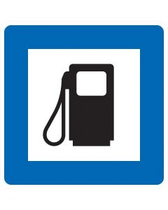Verkehrszeichen Nr. 365-52 „Tankstelle“ mit Zapfsäulensymbol als blaues Richtzeichen.