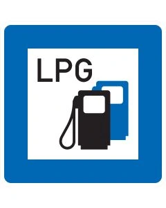 Verkehrszeichen Nr. 365-53 „Tankstelle mit Autogas (LPG)“ mit Zapfsäulensymbol.