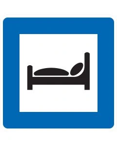 Blaues Verkehrszeichen 365-55 Autobahnhotel mit schwarzem Bettsymbol auf weißem Feld