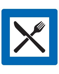 Blaues Richtzeichen Verkehrszeichen 365-56 „Autobahngasthaus“ mit Messer-und-Gabel-Symbol zur Wegweisung auf ein Autobahngasthaus.