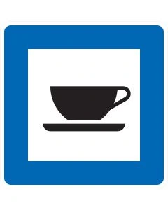 Blaues Richtzeichen Verkehrszeichen 365-57 „Autobahnkiosk“ mit weißem Quadrat und schwarzem Kaffeetassen-Symbol zur Kennzeichnung eines Kiosks an einer Autobahn-Rastanlage.