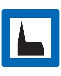 Verkehrszeichen Nr. 365-59 „Autobahnkapelle“ – blaues StVO-Richtzeichen mit weißem Symbol einer Kapelle für die Wegweisung auf Autobahnen