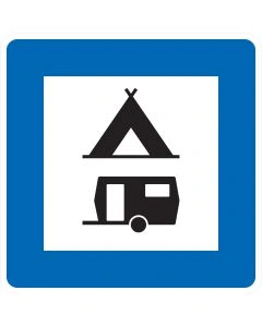 Verkehrszeichen Nr. 365-60 „Zelt- und Wohnwagenplatz“ – blaues StVO-Richtzeichen mit Symbol eines Zeltes und Wohnwagens zur Kennzeichnung eines Camping- oder Wohnwagenplatzes