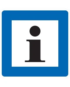 Verkehrszeichen Nr. 365-61 „Informationsstelle“ – blaues StVO-Richtzeichen mit weißem Quadrat und schwarzem Informationssymbol (i) zur Kennzeichnung einer Informationsstelle