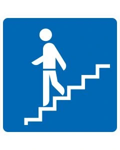 Verkehrszeichen Nr. 365-63 „Fußgängerunterführung“ – blaues StVO-Richtzeichen mit weißem Fußgängersymbol und Treppe als Hinweis auf eine Fußgängerunterführung