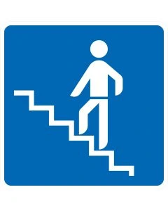 Verkehrszeichen Nr. 365-64 „Fußgängerüberführung“ – blaues StVO-Richtzeichen mit weißem Fußgängersymbol auf einer Treppe als Hinweis auf eine Fußgängerüberführung