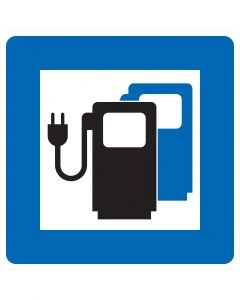 Verkehrszeichen Nr. 365-65 „Ladestation für Elektrofahrzeuge“ – blaues StVO-Richtzeichen mit Ladesäule, Netzstecker und Batteriesymbol zur Kennzeichnung einer E-Ladestation