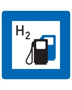 Verkehrszeichen Nr. 365-66 „Wasserstofftankstelle“ – blaues StVO-Richtzeichen mit H₂-Symbol und Zapfsäule zur Kennzeichnung einer Wasserstofftankstelle