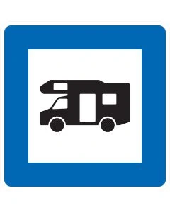 Verkehrszeichen Nr. 365-67 „Wohnmobilplatz“ – blaues StVO-Richtzeichen mit Wohnmobil-Symbol zur Kennzeichnung eines Wohnmobilstellplatzes