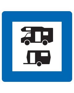 Verkehrszeichen Nr. 365-68 „Wohnmobil- und Wohnwagenplatz“ – blaues StVO-Richtzeichen mit Symbolen für Wohnmobil und Wohnwagen zur Kennzeichnung eines gemeinsamen Stellplatzes