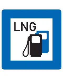 Verkehrszeichen Nr. 365-69 „Tankstelle mit Flüssigerdgas (LNG)“ – blaues StVO-Richtzeichen mit LNG-Schriftzug und Zapfsäulen-Symbol zur Kennzeichnung einer LNG-Tankstelle