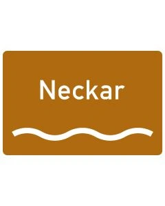 Verkehrszeichen Nr. 386.1-53 „Touristischer Hinweis Fluss oder Kanal“ als braunes touristisches Hinweisschild mit Gewässerbezeichnung "Neckar" zur Orientierung im Straßenverkehr.