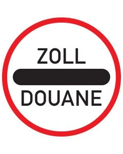 Rundes Verkehrszeichen 392 Zollstelle mit rotem Rand, schwarzem Querbalken und Aufschrift Zoll Douane