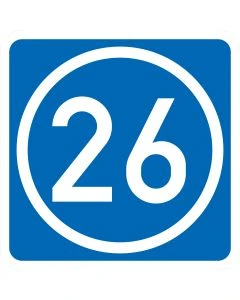 Blaues Verkehrszeichen 406-50 mit weißem Kreis und beispielhafter Knotenpunktnummer 26