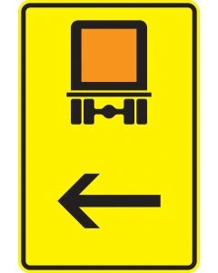 Verkehrszeichen Nr. 422-12 „Wegweiser für bestimmte Verkehrsarten, Kennzeichnungspflichtige Fahrzeuge mit gefährlichen Gütern – hier links“ – gelbes StVO-Richtzeichen mit Gefahrgut-Symbol und Linksrichtung