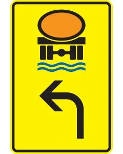 Verkehrszeichen Nr. 442-12 „Fahrzeuge mit wassergefährdender Ladung – linksweisend“ – gelbes StVO-Richtzeichen als Vorwegweiser mit Symbol für wassergefährdende Ladung und Linksrichtung