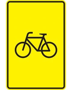 Verkehrszeichen Nr. 442-53 „Radverkehr – ohne Pfeilsymbol“ mit schwarzem Fahrradsymbol auf gelbem rechteckigem Wegweiser ohne Richtungsangabe.
