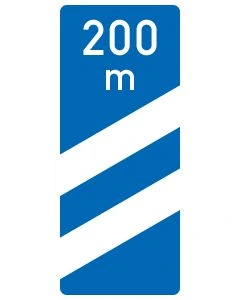 Verkehrszeichen 450-51 in blau und weiß als Ankündigungsbake zweistreifig in 200 Meter