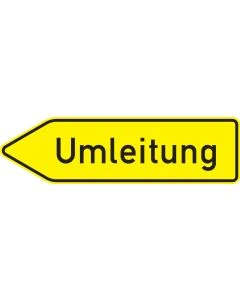 Gelber selbstklebender VZ-454-10-Umleitungswegweiser mit schwarzer Aufschrift und linksgerichteter Pfeilspitze