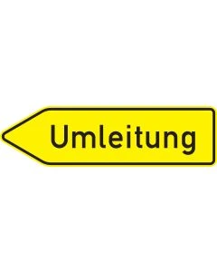 Gelbes Verkehrszeichen 454-10 Umleitungswegweiser mit linksweisendem Pfeil und Aufschrift Umleitung