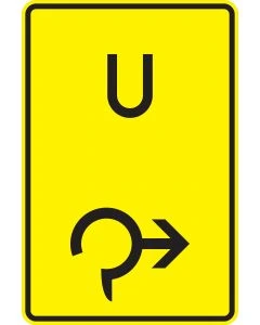 Gelbes Verkehrszeichen 455.1-23 mit schwarzem U und Kreisverkehrspfeil zur rechten Ausfahrt