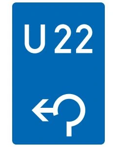 Blaues Verkehrszeichen 460-13 mit individueller U-Nummer und weißem Kreisverkehrspfeil zur linken Ausfahrt