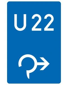 Blaues Verkehrszeichen 460-23 mit individueller U-Nummer und weißem Kreisverkehrspfeil zur rechten Ausfahrt