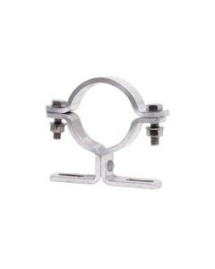 Rohrschelle Typ AR 307 aus Aluminium für Pfosten Ø 76,1 mm, mit 70 mm Lochabstand und seitlichen Schrauben und Muttern – robuste Befestigungsschelle für Verkehrstechnik.