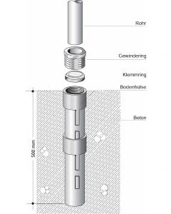 Bodenhülse 60-500 für Rohrpfosten Ø 60 mm mit 500 mm Einbaulänge und Spannsystem