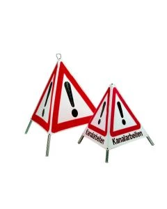 Dreiseitiges Faltsignal mit Verkehrszeichen „Gefahrstelle“ zur temporären Absicherung von Baustellen, Unfallstellen und Vermessungsarbeiten.